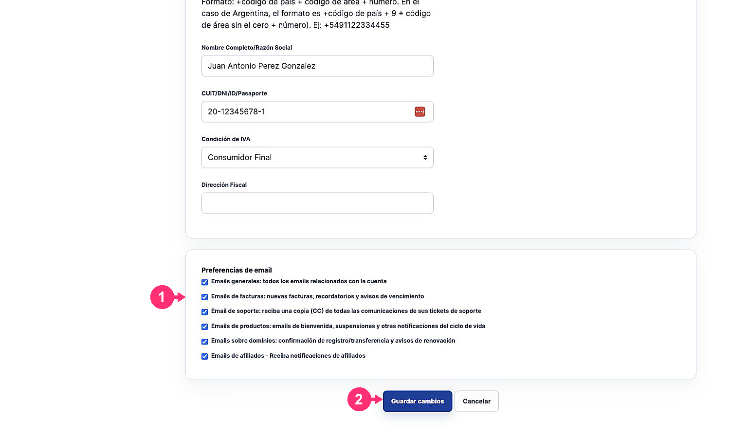 Preferências de e-mail e botão Salvar alterações