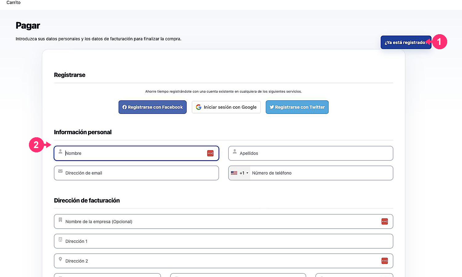 Formulário para registrar-se durante o checkout