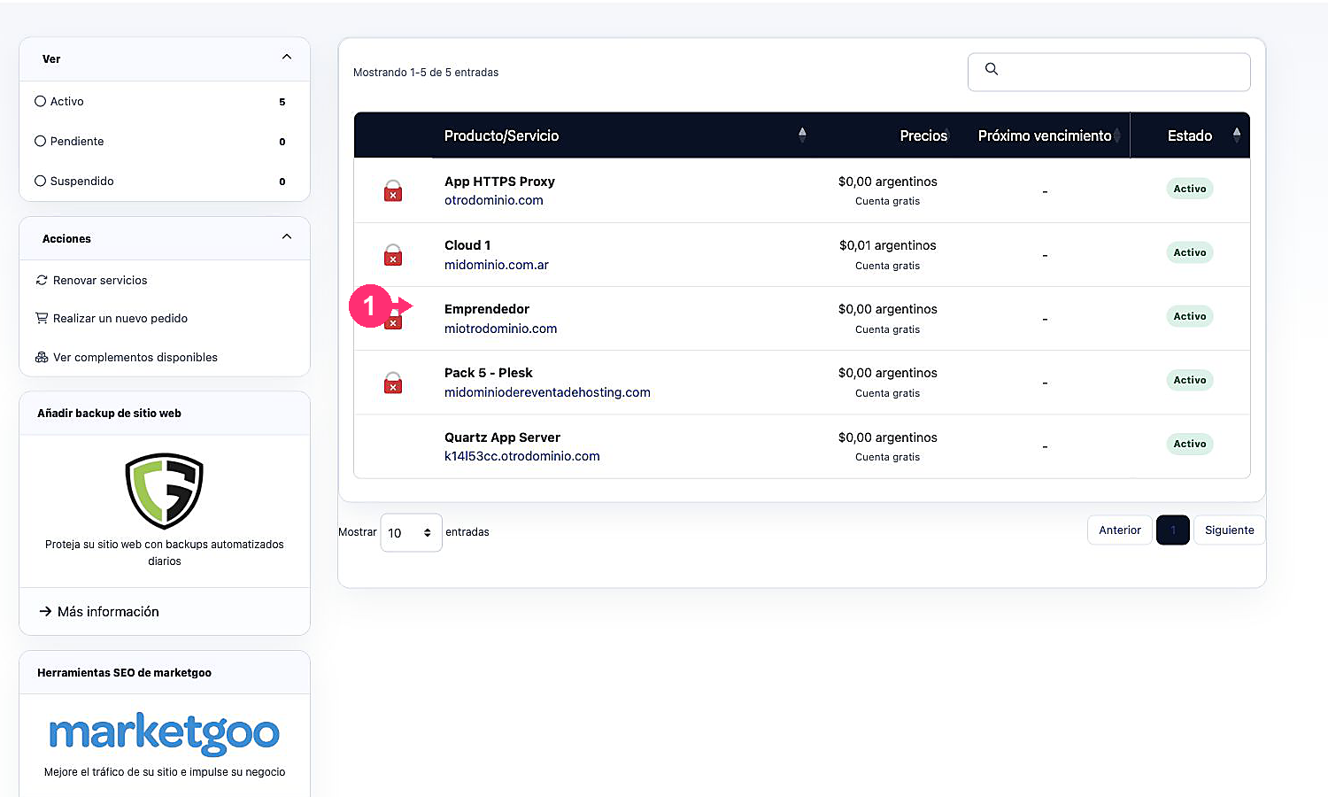 Serviço de hospedagem cPanel na lista da Área do Cliente