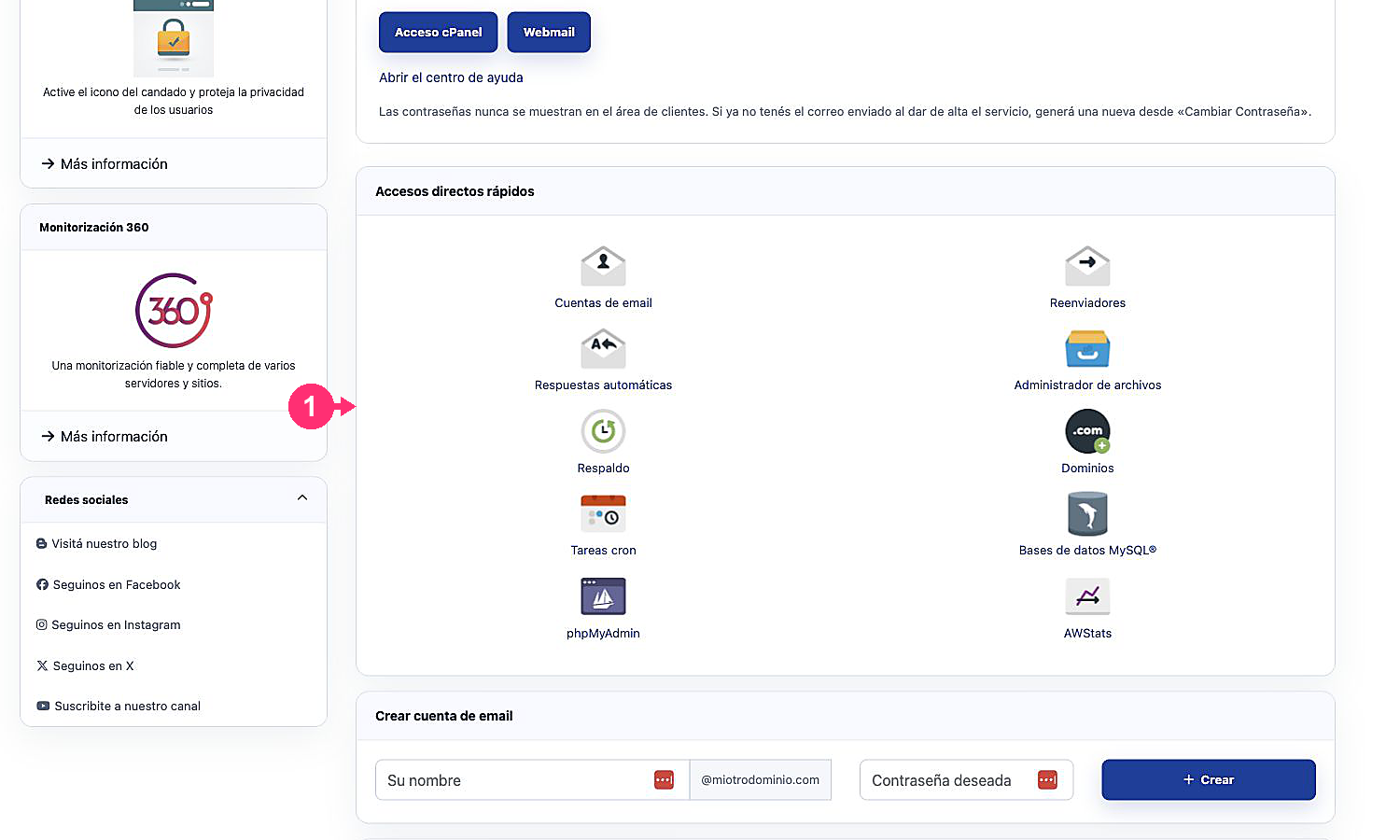 Accesos directos rápidos a herramientas de cPanel